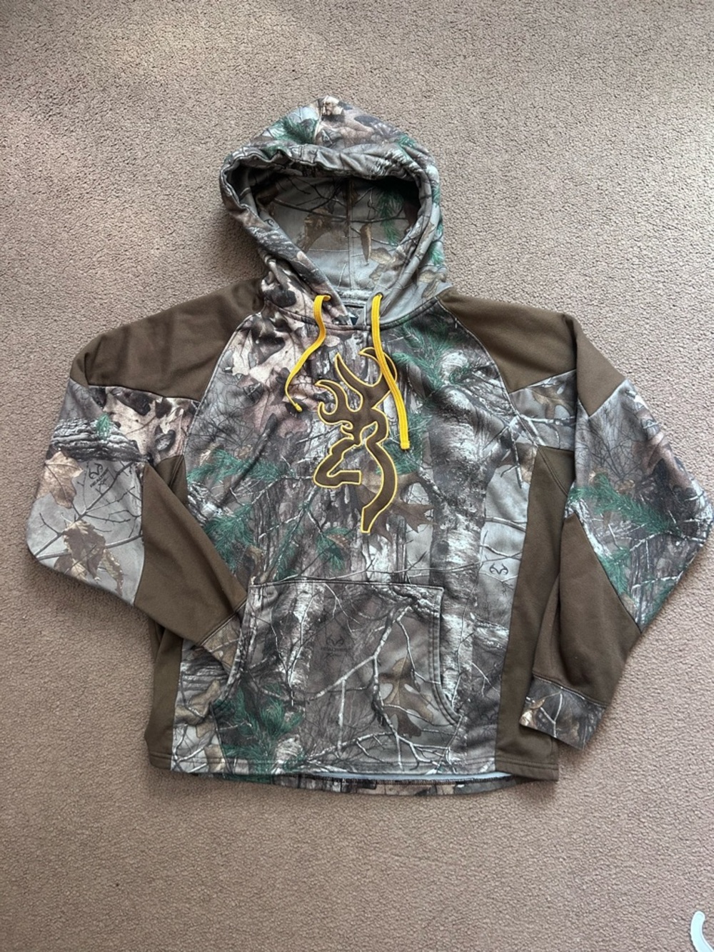 Men’s Brown Camo Browning Hoodie Size Large Yellow & Brown Logo